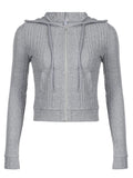 Bonnyshow Gray Zip Up Knitted Hooded Jackets Women Pockets Details Solid Simple Basic Minimalist Slim Long Sleeve Hoodies Knitwear