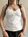 Bonnyshow  Fashion Solid Lace Spliced Simple All-Match Women Camisole Tops Basic Slim Fit Fake 2 Piece Blouses