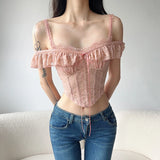 Bonnyshow  Holiday Lace Ruffle Camisole Top Women Sleeveless Strapless Vest Chic Casual Beach Skinny Top Summer Elegant Outfit New