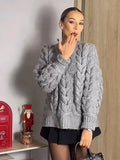 Bonnyshow New Hollow Out Braid Knitted Women's Pullover Fashion Casual Loose Solid Color Sweater Women Retro Soft Comfortable Sweaters