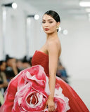 Bonnyshow Amazing Multi Colored Red Tulle Evening Dresses With Oversize Handmade Flower Strapless Puffy Bridal Dress Prom Gowns