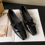 Bonnyshow  Women's Flat Shoes Thick Heeled Square Head Fashion Sweet Single Shoes Bow Elegant Commuter Small Leather Shoes
