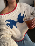 Bonnyshow  Fashion Loose Knitted Sweater Women Red Trim O-neck Full Loose Sleeve Sweaters 2025 Elegant Female Casual Stylish Autumn Winter