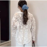 Bonnyshow  White Leaf Embroidery Loose Shirt Women Single Breasted Lapel Long Sleeve Chic Elegant Shirts 2025 Summer Holiday Blouse Tops