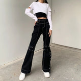 Bonnyshow Women's Gothic Black Cargo Pants Aesthetic Harajuku Bandage Goth Pant Y2K Streetwear Vintage Punk Wide Leg Baggy Trousers