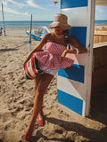 Bonnyshow  Print Red White Checkered Chest Wrap Pleated Fluffy Hem Sleeveless Backless Vacation Versatile Beach Party Trend Tops