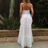 Bonnyshow  Women Lace Patchwork Maxi Dress Backless Boho Floral Long Dress Spaghetti Strap V Neck Low Cut Flowy Sunderss
