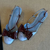 Bonnyshow  Bow Narrow Band Design Brand Pumps Women High Quality Faux Suede Round Toe Square Heel Slide Sandals Fashion Elegant Dress Shoes