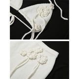 Bonnyshow White Knitted Sexy Two Piece Set for Women Vacation Outfits Floral-applique Bikini Top And Long Skirt Sets