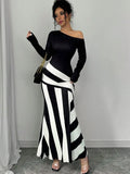 Bonnyshow Women's Maxi Dresses New Autumn Streetwear Fashion Black White Patchwork Casual Slim Dress Elegant Knitted Dresses Clothing