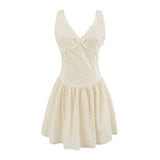 Bonnyshow  Hollow Out Embroidery Yellow Tank Dress Women V Neck Sleeveless A-line Mini Summer Dresses Holiday Party Robe
