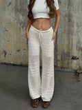 Bonnyshow  Summer Sexy White Knitted Hollow Out Long Wide Pants Retro Lace Up High Waist Slim Fit Loose Trousers Lady Commute Streetwear