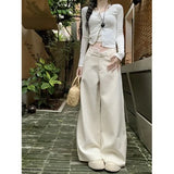 Bonnyshow  Women's Chic Lace Patchwork Waist Wide Leg Full Length Pants Lady Summer Autumn Streetwear Loose Straight Long Pants