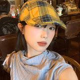 Bonnyshow Vintage Plaid Berets Hat for Women Korean Retro Flat Cap Soft Cotton Newsboy Caps Y2K Girls Adjustable Artist Painter Hats