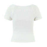 Bonnyshow  Women Hollow out Through Buttons Pearl Knitted Short Sleeve Sweater Crop Pullovers Knitwear All Match Knitting Tops Jumper
