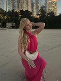 Bonnyshow  Solid Halter Flower Hollow Lady Maxi Dress Backless Bodycon 2025 Summer Elegant Women Evening Gown In The Floor Lady Party Robe