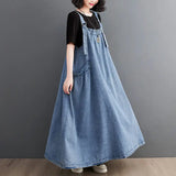 Bonnyshow  Spring Summer Women Denim Suspender Long Skirt Loose Casual Punk Vintage Style Cargo Female Popular Large Swing Dress Z691