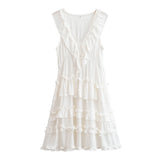 Bonnyshow  BOHO Summer White Black Wood ears Ruffles V neck Sleeveless Dress Women Loose Cascade A-lined Hem Short Dresses Summr Robe