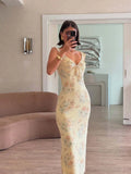 Bonnyshow  Women Sexy Skinny Flower Print Midi Dress Chic Backless Ruffled V Neck Sling Vestidos 2025 Summer Lady Vacation Elegant Sundress