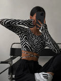 Bonnyshow Casual Crop Top Tied T-shirt Women's Slim Fit Retro Chic Long Sleeves Zebra Striped Sexy Backless Stylish Girls Top