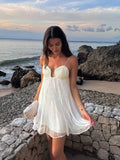 Bonnyshow  Women White Pleated Backless Sling Dress Elegant Patchwork Wrapped Chest Sleeveless Mini Dresses Summer New Vocation Beach Robe