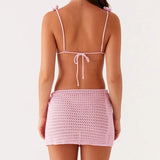 Bonnyshow  Women Crochet Knit Skirt Set Sexy Halter Tank Top Mini Skirt Y2K Hollow Out 2 Piece Cover Up Vacation Beachwear