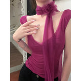 Bonnyshow  Korean Summer New Style Sexy T-Shirts Slim Coquette V-Neck Tees Purple Crop Top Three-Dimensional Flower Aesthetic High Street