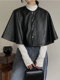 Bonnyshow Solid Color Leather Women's Cloak Shawl Fashion Round Neck Single Breasted Short Tops Autumn Casual Loose Retro Women Jacket