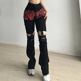 Bonnyshow Women's Gothic Black Cargo Pants Aesthetic Harajuku Bandage Goth Pant Y2K Streetwear Vintage Punk Wide Leg Baggy Trousers