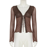 Bonnyshow  y2k Brown Mesh Spliced Lace Cardigan Women Lace-Up flared Sleeve Rufed T-Shirt Aesthetic Transparent Top summer Clothes
