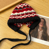 Bonnyshow Retro Knitted Woolen Hat for Women Autumn Winter Warm Ear Protection Beanie Cap Ethnic Style Plaid Strap Female Balaclava Hats