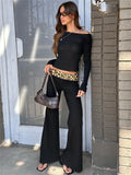 Bonnyshow Leopard Print Fold Over Flare Pants Two Piece Set Women Long Sleeve Crop Top Trousers Slim Outfit Hottie Streetwear