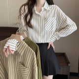 Bonnyshow  Blouses for Women Fashion Vertical Stripe Long Sleeve Shirt for Women Spring Autumn New Korean Women's Single Breasted Top