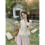 Bonnyshow  Summer New Gentle Temperament Slimming Wood Ear Slimming V-Neck Sleeveless Shirt For Women