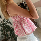 Bonnyshow  Women Y2k Peplum Tank Top Boho Beach Spaghetti Strap Camisole Aesthetic Frill Trim Shirts Graphic Print Crop Tops