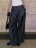 Bonnyshow  Solid All-match Basic Loose Suit Pants Vintage Streetwear Korean Casual Fashion Trousers Zip Pockets Fold Bottoms
