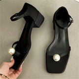 Bonnyshow  Fashion Design Pearl Clip Toe Women Sandals Summer Buckle Strap Square Low Heels Banquet Dress Female Shoes