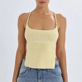 Bonnyshow  Summer Knitted Tank Top For Women Simple Sexy Backless Tie-Up U-Neck Solid Color Sleeveless Slim Vest Fashion Streetwear