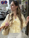 Bonnyshow  Chic Hollow Out Pleated Blouses Women Loose Fit Long Flare Sleeve Chiffon Shirts 2025 V-neck Lace Up Street Fashion Comfort Tops