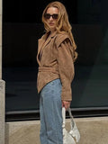 Bonnyshow Casual Turndown Collar Women's Jacket V-neck Short Belted Jackets New Autumn Vintage Women Coat Solid Color Retro Outerwears