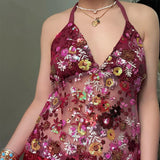 Bonnyshow  Sexy Sequin Embroidery Halter Top Women Delicate Floral Pattern Exquisite Mesh Tanks Female 2025 Summer Beach Vacation Lady Vest