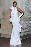 Bonnyshow Demure White Stretchy Long Mermaid Evening Dresses With Ruffles Trimmed Details Sleeveless Evening Gowns