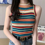 Bonnyshow  Knit Short Vest With Rainbow Stripes On The Shoulder Women Sleeveless T Shirts Off Shoulder Striped O Neck Tank Top