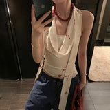 Bonnyshow  Satin Printed Sleeveless Halter TopsWomen Camisole Summer Spicy Girl Fashion Short Slim Fit Backless Tank Top Women