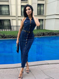 Bonnyshow  Fashion Halter Belt Jeans Long Dress For Women Single Breasted High Waist Slim Maxi Dress Lady 2025 Summer Chic Street Vestidos