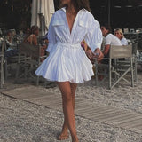 Bonnyshow  Casual Shirt Dress For Women Lapel Folds Short Dress Loose High Waist A-line Dress Buttons 2025 New Female White Dresses