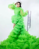 Bonnyshow Neon Green Layered Tulle High Low Evening Dresses With Ruffles Trimmed Details See Thru Full Sleeves Long Formal Party Dress