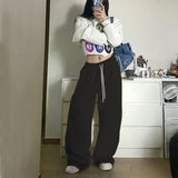 Bonnyshow Retro streetwear graffiti pants Hip hop baggy sweatpants versatile straight leg trousers wide leg drawstring slacks Y2K pants