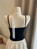 Bonnyshow  Summer Sweet Spice Girl Lace Outerwear Crop Top American Style Fake Two-piece Plaid Contrasting Color Sling Vest Women's