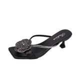 Bonnyshow  Summer New Slippers Women Shoes  Lady Fashion Square Head Water Diamond Rose Flower Thin High Heel Sandals Zapatos De Mujer